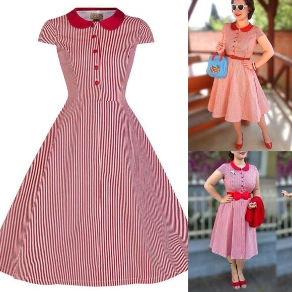🍒 LINDY BOP Rockabilly Vintage 1950's Candy Stripe Peter Pan Collar Dress Size - Picture 1 of 15
